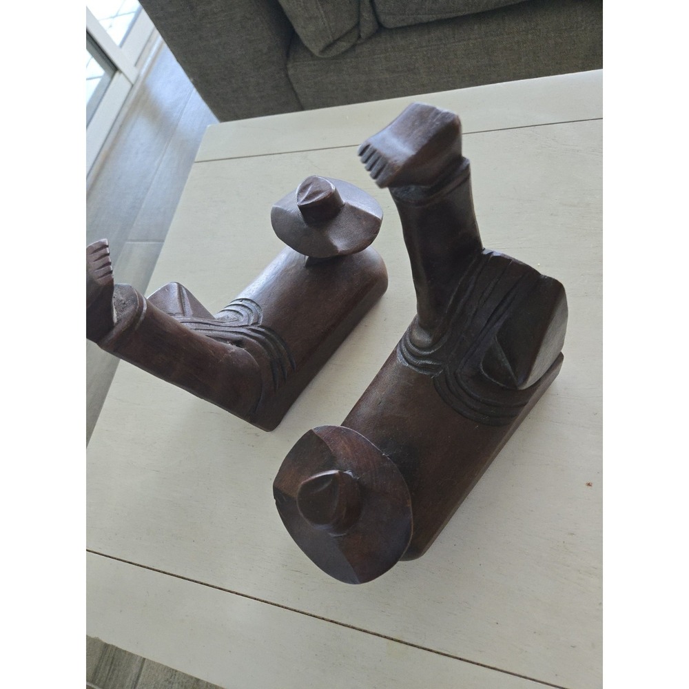 Mexican Folk Art Siesta Hand carved Wood Bookends Vintage Unique Pair Feet Up